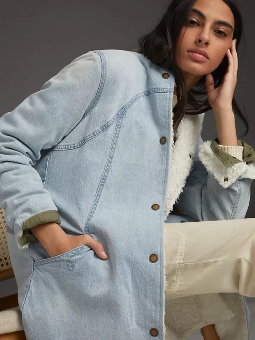 Anthropology Pilcro Light Blue Sherpa-Trim Denim Coat